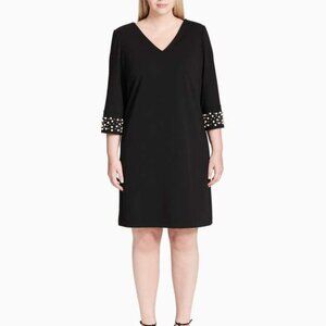 CALVIN KLEIN V Neck 3/4 Pearl Embellished Sleeve Black Dress Knee Length